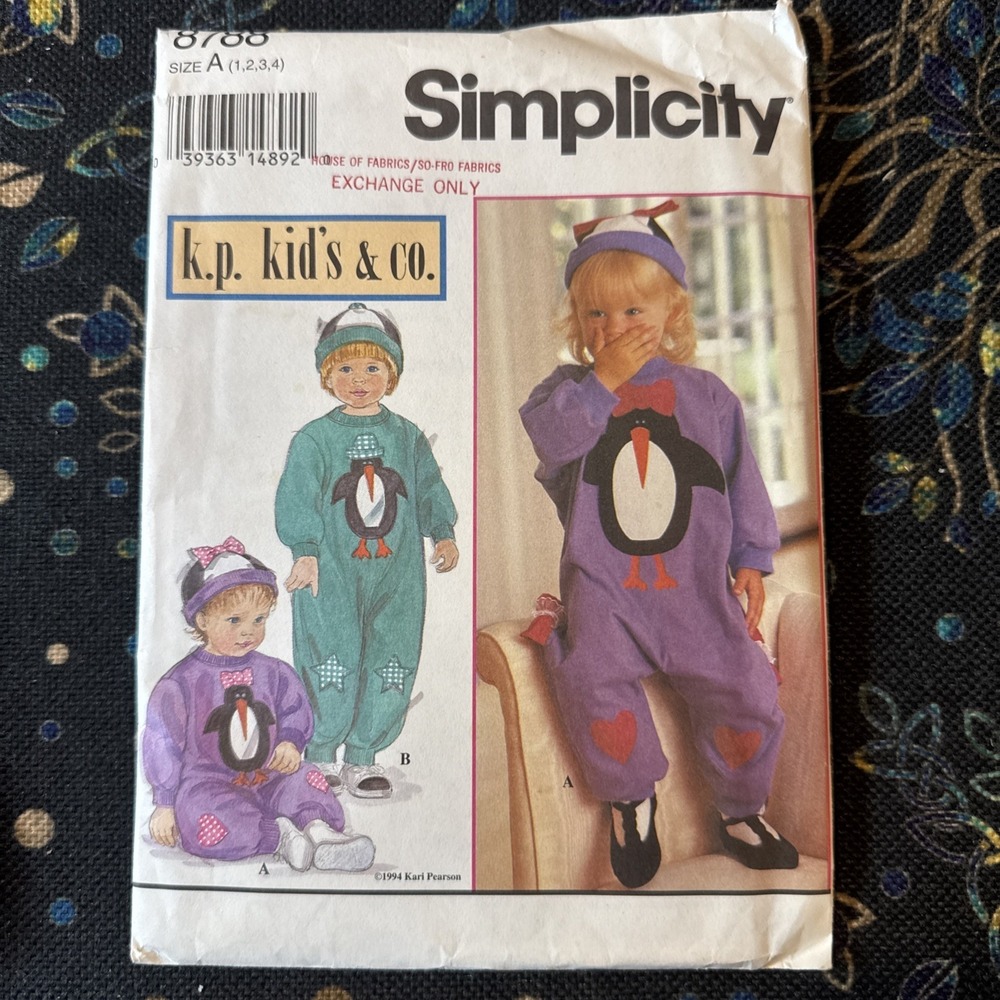 90s Simplicity Sew Pattern 8788 Toddlers Knit Romper & Hat w/Applique Sz a Uncut